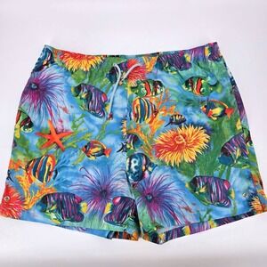Vintage 90s Faconnable Fish Print Swim Trunks Blue Resortwear Beach Gorpcore L